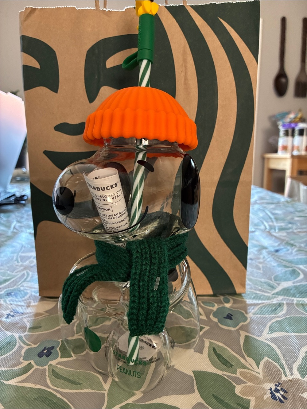 Starbucks Peanuts Snoopy Glass Tumbler with Orange Hat and Green Scarf